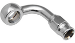 Four Universal Brake Line Fittings For Cut-To-Length Brake Lines by Universal, each in a different shape and finish, are shown on a white background—ideal as universal hydraulic banjo fittings for motorcycles.