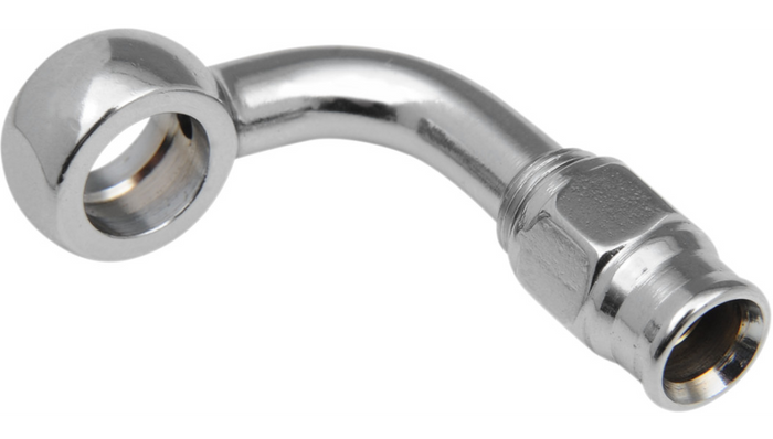 Four Goodridge Universal Brake Line Fittings for Cut-To-Length Brake Lines, each with a 90-degree metal end, are displayed on a white background—ideal for custom brake line installations.
