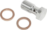 Six Goodridge Banjo Bolts and seven copper washers by Goodridge are arranged on a white background, showcasing key components for brake lines and fluid transfer systems.