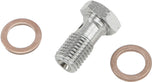 Six Goodridge Banjo Bolts and seven copper washers by Goodridge are arranged on a white background, showcasing key components for brake lines and fluid transfer systems.
