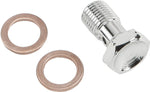 Six Goodridge Banjo Bolts and seven copper washers by Goodridge are arranged on a white background, showcasing key components for brake lines and fluid transfer systems.