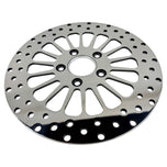 A Moto Iron® King Spoke 11.5" REAR Brake Rotor Harley Softail, Touring, Dyna, & Sportster 84-23 Polished on a white background.