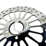 A Moto Iron® King Spoke 11.5" REAR Brake Rotor Harley Softail, Touring, Dyna, & Sportster 84-23 Polished on a white background.
