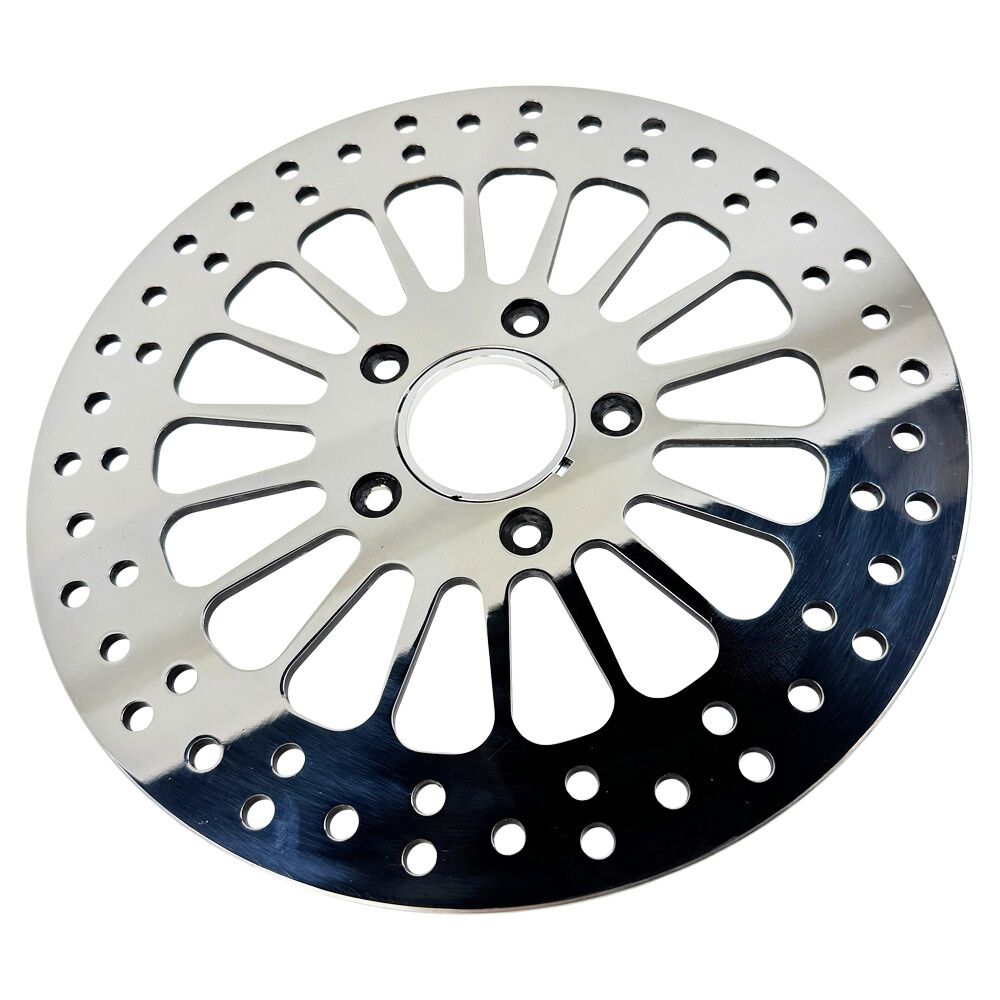 A Moto Iron® King Spoke 11.5" REAR Brake Rotor Harley Softail, Touring, Dyna, & Sportster 84-23 Polished on a white background.