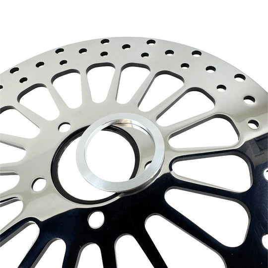A Moto Iron® King Spoke 11.5" REAR Brake Rotor Harley Softail, Touring, Dyna, & Sportster 84-23 Polished on a white background.