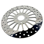 A Moto Iron® King Spoke 11.5" REAR Brake Rotor Harley Softail, Touring, Dyna, & Sportster 84-23 Polished on a white background.