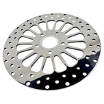A Moto Iron® King Spoke 11.5" REAR Brake Rotor Harley Softail, Touring, Dyna, & Sportster 84-23 Polished on a white background.