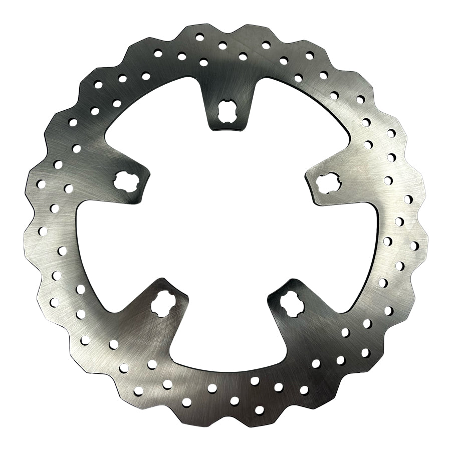 The TC Bros. 12.6in Oversized Profile™ Front Floating Brake Rotor for 2014-2023 Harley Touring models features a metallic design with a wavy outer edge and circular holes, engineered for optimal heat dissipation and improved braking performance.