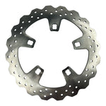 The TC Bros. 12.6in Oversized Profile™ Front Floating Brake Rotor for 2014-2023 Harley Touring models features a metallic design with a wavy outer edge and circular holes, engineered for optimal heat dissipation and improved braking performance.