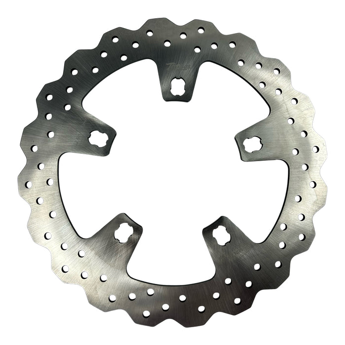 The TC Bros. 12.6in Oversized Profile™ Front Floating Brake Rotor for 2014-2023 Harley Touring models features a metallic design with a wavy outer edge and circular holes, engineered for optimal heat dissipation and improved braking performance.