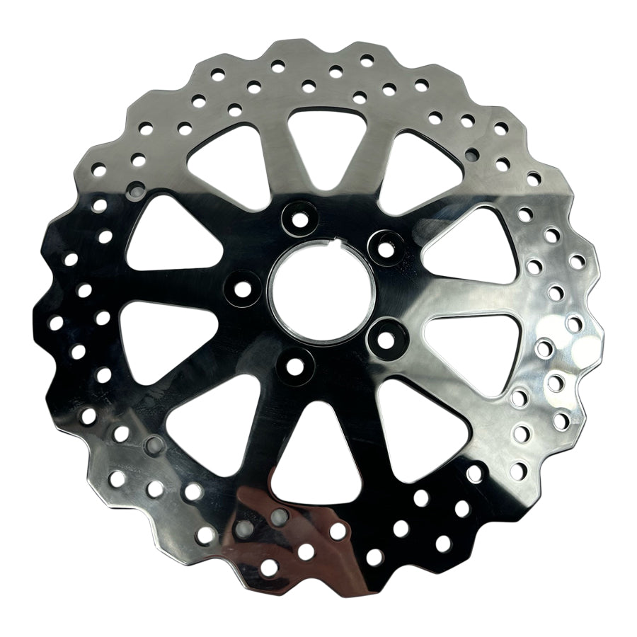A TC Bros. 11.5in Profile™ Solid Mount Front Brake Rotor for 84-13 Harley Models Polished, a circular metal object with holes, commonly used as a front brake rotor for Harley models.