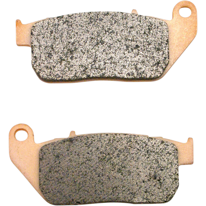 Two EBC Double-H Fully Sintered Brake Pads for 2004-2013 Harley-Davidson Sportster are shown side by side, highlighting their friction surfaces and backing plates, set against a white background.