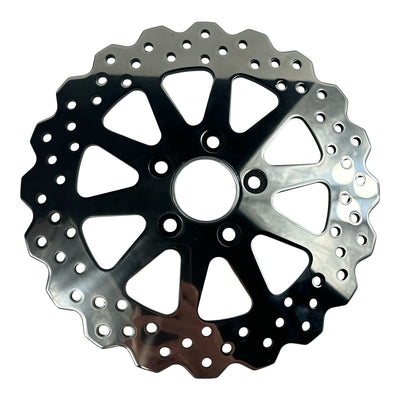 A TC Bros. 11.5in Profile™ Solid Mount Rear Brake Rotor for 84-13 Harley Models Polished with a polished finish on a white background.