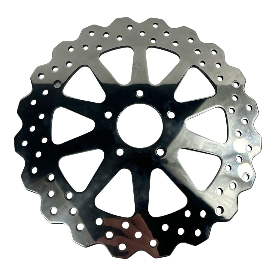 A TC Bros. 11.8in Profile™ Solid Mount Front Brake Rotor for 2006-up Harley Models Polished with a polished finish on a white background.