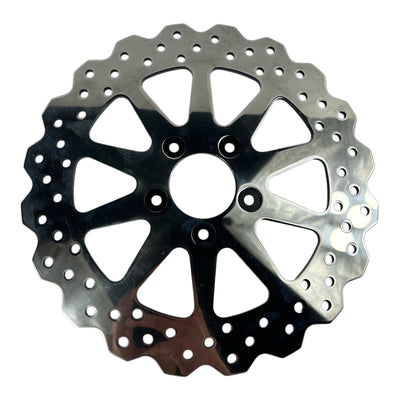 A TC Bros. 11.8in Profile™ Solid Mount Front Brake Rotor for 2006-up Harley Models Polished with a polished finish on a white background.