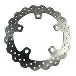 The TC Bros. Profile™ Front Floating Brake Rotor for 2024-up Harley Touring Bagger and 2021-up Pan America, crafted from stainless steel with edge holes and an irregular circular shape, mirrors the robust design of Harley Pan America's floating rotors.