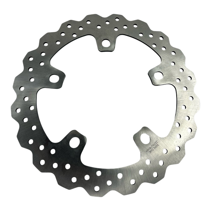 The TC Bros. Profile™ Front Floating Brake Rotor for 2024-up Harley Touring Bagger and 2021-up Pan America, crafted from stainless steel with edge holes and an irregular circular shape, mirrors the robust design of Harley Pan America&