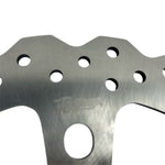 The TC Bros. Profile™ Front Floating Brake Rotor for 2024-up Harley Touring Bagger and 2021-up Pan America, crafted from stainless steel with edge holes and an irregular circular shape, mirrors the robust design of Harley Pan America's floating rotors.