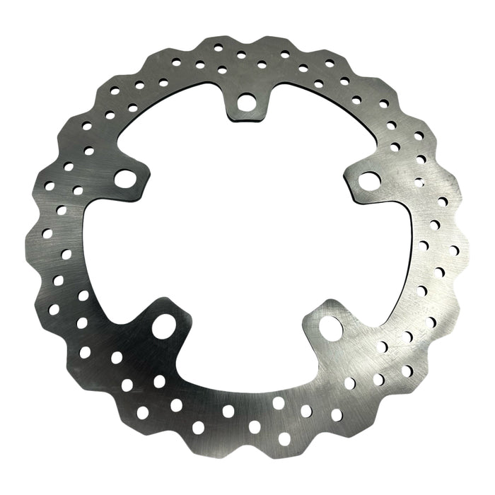 The TC Bros. Profile™ Front Floating Brake Rotor for 2024-up Harley Touring Bagger and 2021-up Pan America, crafted from stainless steel with edge holes and an irregular circular shape, mirrors the robust design of Harley Pan America&