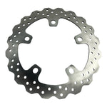 The TC Bros. Profile™ Front Floating Brake Rotor for 2024-up Harley Touring Bagger and 2021-up Pan America, crafted from stainless steel with edge holes and an irregular circular shape, mirrors the robust design of Harley Pan America's floating rotors.