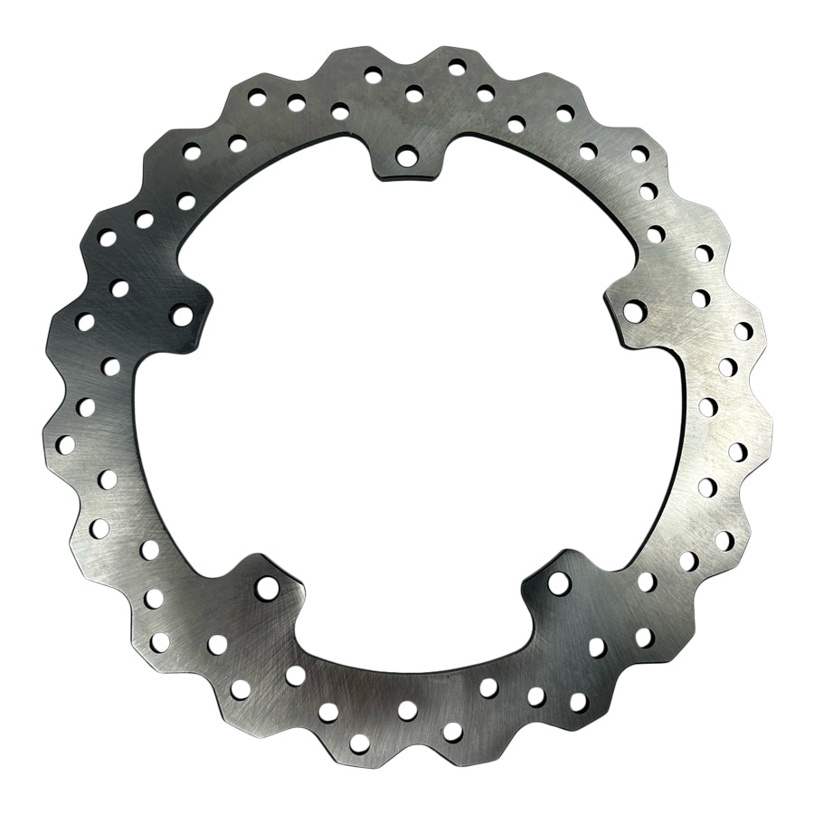 A TC Bros. Profile™ Rear Brake rotor for 2021-up Harley Pan America Models with holes on a white background.