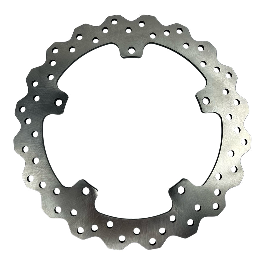 A TC Bros. Profile™ Rear Brake rotor for 2021-up Harley Pan America Models with holes on a white background.