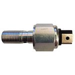 A metallic mechanical component with a threaded end and a hexagonal nut shape, resembling the Moto Iron® Hydraulic Brake Light Switch for 2008-2017 Harley Dyna motorcycles, OEM# 72026-08A.