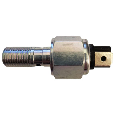 A metallic mechanical component with a threaded end and a hexagonal nut shape, resembling the Moto Iron® Hydraulic Brake Light Switch for 2008-2017 Harley Dyna motorcycles, OEM# 72026-08A.