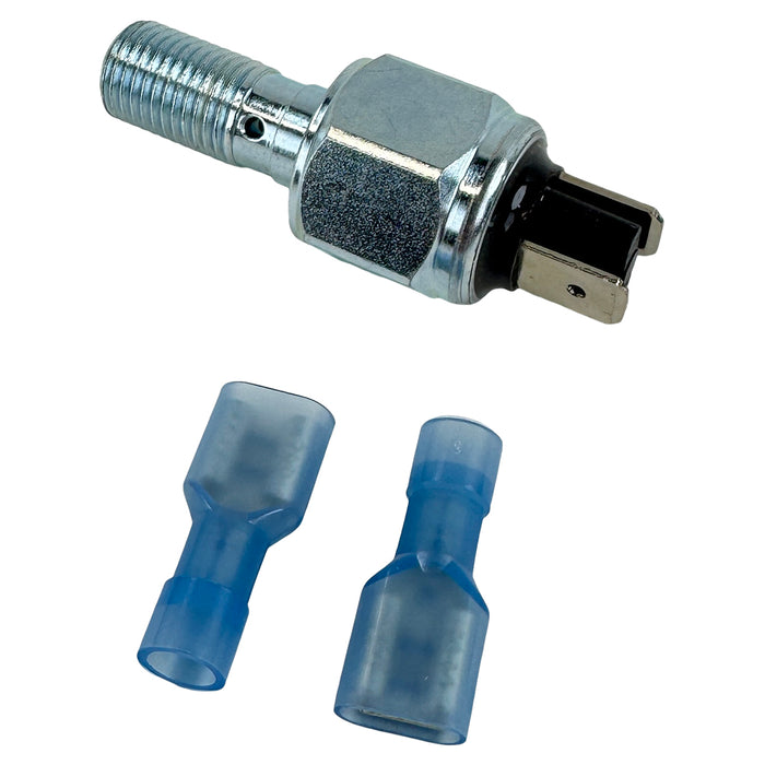 A metallic mechanical component with a threaded end and a hexagonal nut shape, resembling the Moto Iron® Hydraulic Brake Light Switch for 2008-2017 Harley Dyna motorcycles, OEM