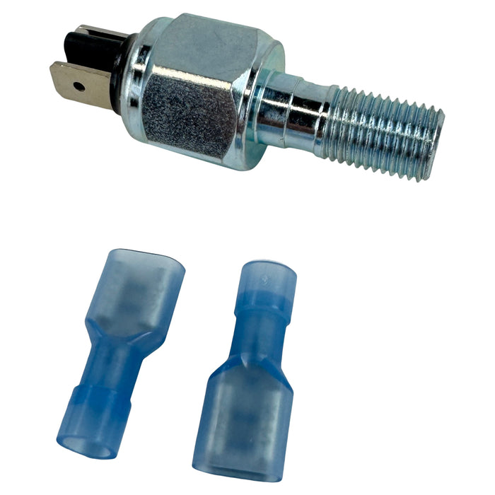A metallic mechanical component with a threaded end and a hexagonal nut shape, resembling the Moto Iron® Hydraulic Brake Light Switch for 2008-2017 Harley Dyna motorcycles, OEM