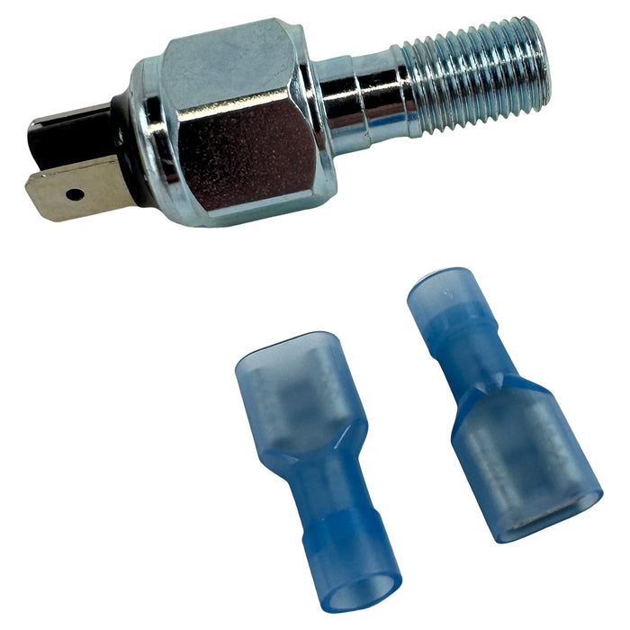 A metallic mechanical component with a threaded end and a hexagonal nut shape, resembling the Moto Iron® Hydraulic Brake Light Switch for 2008-2017 Harley Dyna motorcycles, OEM