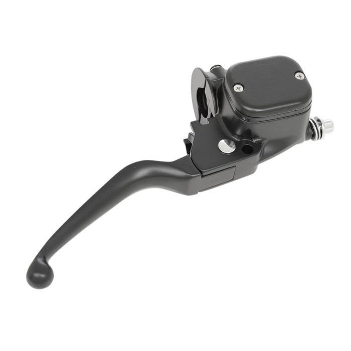 A front brake master assembly by Moto Iron® designed for Harley 1996-2017 models, featuring a black curved handle and an attached reservoir compatible with OEM Master systems, including mounting components for single disc applications.