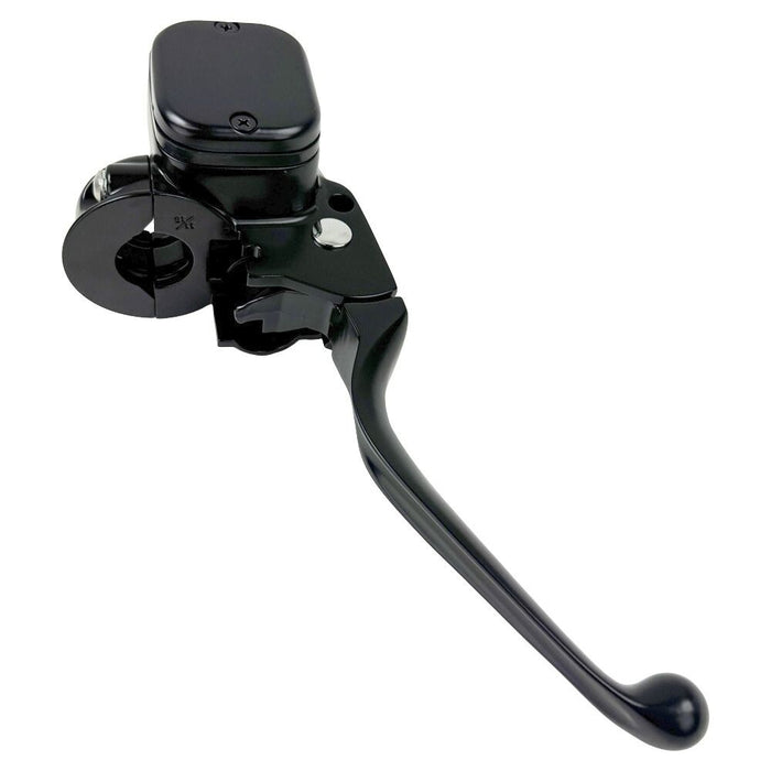 The Moto Iron® OEM Style 11/16" Front Brake Master Assembly for Harley 1996-2017, designed for dual disc systems, is elegantly positioned at an angle on a white background with an integrated reservoir.