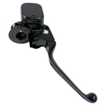 The Moto Iron® OEM Style 11/16" Front Brake Master Assembly for Harley 1996-2017, designed for dual disc systems, is elegantly positioned at an angle on a white background with an integrated reservoir.