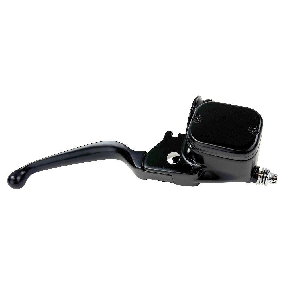 The Moto Iron® OEM Style 11/16" Front Brake Master Assembly for Harley 1996-2017, designed for dual disc systems, is elegantly positioned at an angle on a white background with an integrated reservoir.