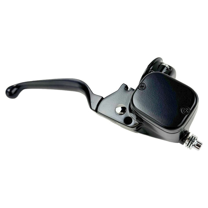 The Moto Iron® OEM Style 11/16" Front Brake Master Assembly for Harley 1996-2017, designed for dual disc systems, is elegantly positioned at an angle on a white background with an integrated reservoir.