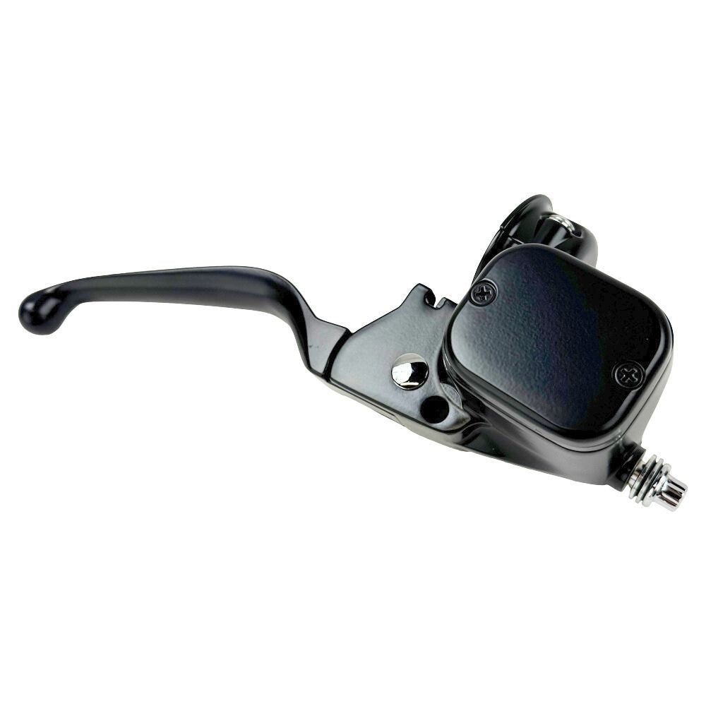 The Moto Iron® OEM Style 11/16" Front Brake Master Assembly for Harley 1996-2017, designed for dual disc systems, is elegantly positioned at an angle on a white background with an integrated reservoir.