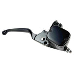 The Moto Iron® OEM Style 11/16" Front Brake Master Assembly for Harley 1996-2017, designed for dual disc systems, is elegantly positioned at an angle on a white background with an integrated reservoir.