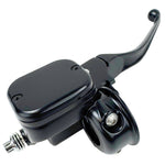Close-up of a Moto Iron® Front Brake Master Cylinder for 1996-2017 Harley-Davidson, featuring a black finish, mounting clamp, and adjustment screw.