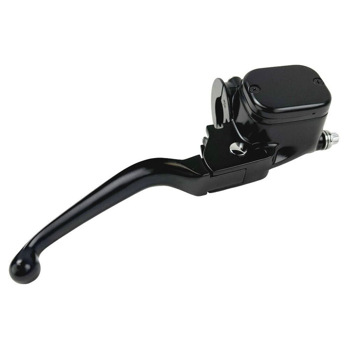 The Moto Iron® OEM Style 11/16" Front Brake Master Assembly for Harley 1996-2017, designed for dual disc systems, is elegantly positioned at an angle on a white background with an integrated reservoir.
