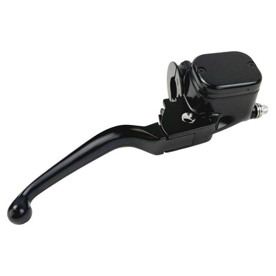 The Moto Iron® OEM Style 11/16" Front Brake Master Assembly for Harley 1996-2017, designed for dual disc systems, is elegantly positioned at an angle on a white background with an integrated reservoir.