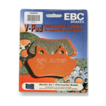 A pair of EBC Semi-Sintered V Brake Pads for 2000-2007 Harley-Davidson Big Twin and Sportster—one shows the friction surface, the other highlights specs—perfect for upgrading your motorcycle's braking performance.