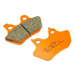 A pair of EBC Semi-Sintered V Brake Pads for 2000-2007 Harley-Davidson Big Twin and Sportster—one shows the friction surface, the other highlights specs—perfect for upgrading your motorcycle's braking performance.