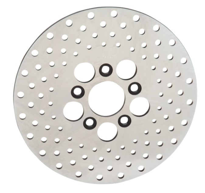 A Drag Specialties 1972-84 Shovelhead Front Brake Rotor - 10" with drilled rotor holes on a white background.