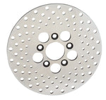 A Drag Specialties 1972-84 Shovelhead Front Brake Rotor - 10" with drilled rotor holes on a white background.
