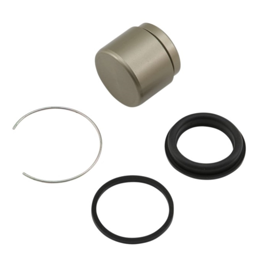 Disassembled view of a metal piston and its accompanying seal rings from the Front Caliper Rebuild Kit for Big Twin, Sportster, & Dyna models by Drag Specialties, OEM