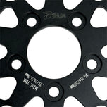 A close-up of the TC Bros. 10.25in Profile™ Rear Floating Brake Rotor, featuring a ventilated, perforated design with a black hub and silver ring—ideal for upgrading 2008-2022 Harley-Davidson Sportster brakes.