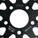 A close-up of the TC Bros. 10.25in Profile™ Rear Floating Brake Rotor, featuring a ventilated, perforated design with a black hub and silver ring—ideal for upgrading 2008-2022 Harley-Davidson Sportster brakes.