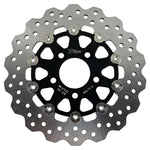 The TC Bros. 10.25in Profile™ Rear Floating Brake Rotor, featuring a perforated silver edge and black center hub, is the ideal upgrade for 2008-2022 Harley-Davidson Sportster rear brakes.