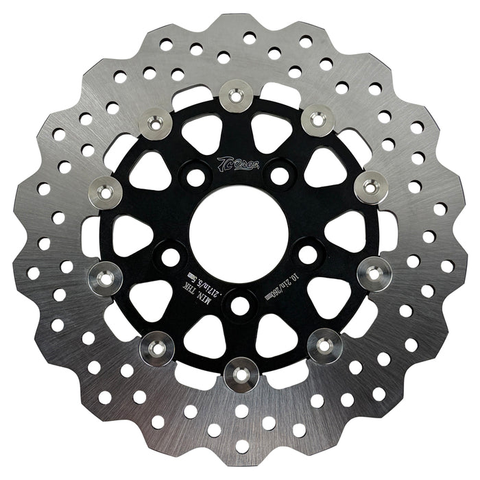 A close-up of the TC Bros. 10.25in Profile™ Rear Floating Brake Rotor, featuring a ventilated, perforated design with a black hub and silver ring—ideal for upgrading 2008-2022 Harley-Davidson Sportster brakes.